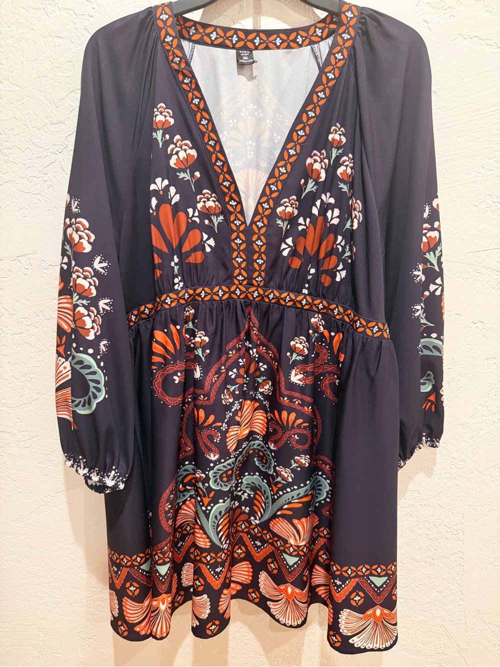 Boho Floral V-Neck Tunic Dress - Black with Rust & Teal